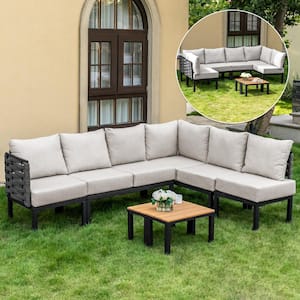 7 Pieces Black Metal Outdoor Patio Conversation Set with 6 in. Gray Cushions, L-Shaped Sectional Sofa w/ Coffee Table