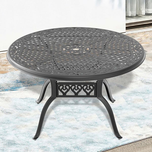 48 inch Black Frame Cast Aluminum Patio Dining Table With Umbrella Hole