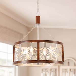 Modern Farmhouse 4-Light Chrome Vintage Wood Drum Chandelier with Adjustable Hanging Chain