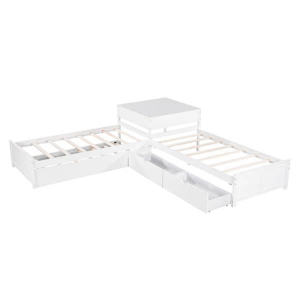 White Twin L-Shaped Platform Bed with Trundle and Built-in Desk