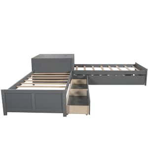 119.3 in. W Gray Twin L-Shaped Platform Bed with Trundle and Drawers Linked with Built-in Flip Square Table