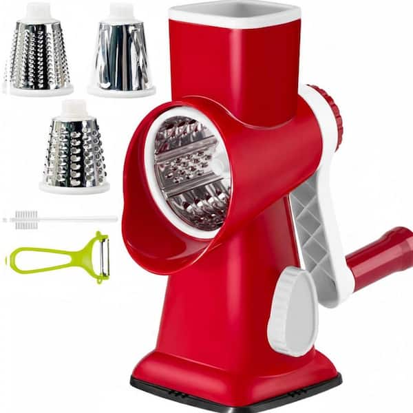 Red Manual Rotary Cheese Grater with Handle for Slicing, Shredding, Chopping Vegetables, Nuts, Fruits, Easy Clean