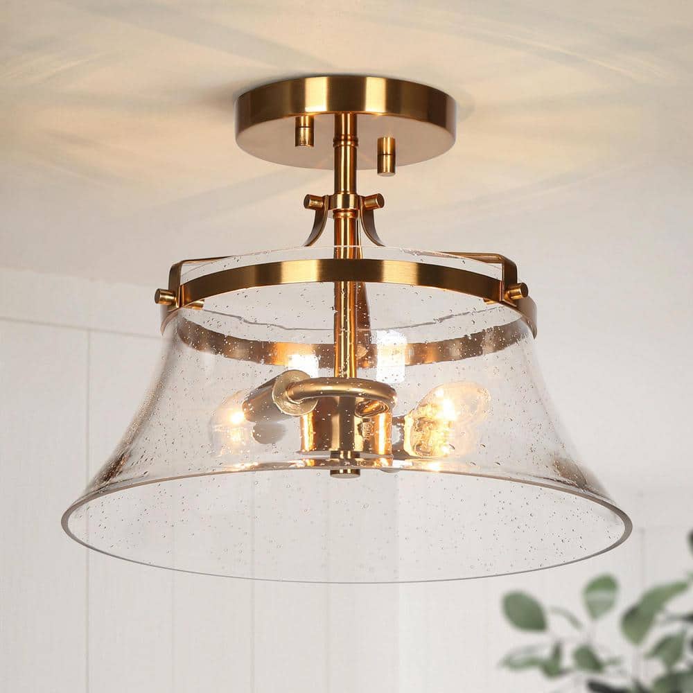 Auisre 2-Light Polished Gold Drum LED Semi-Flush Mount with Seeded Glass