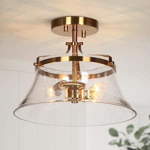 Modern 11.8 in. 2-Light Plated Brass Semi-Flush Mount with Bell-Seeded Shade Hallway Foyer Ceiling Light, LED Compatible