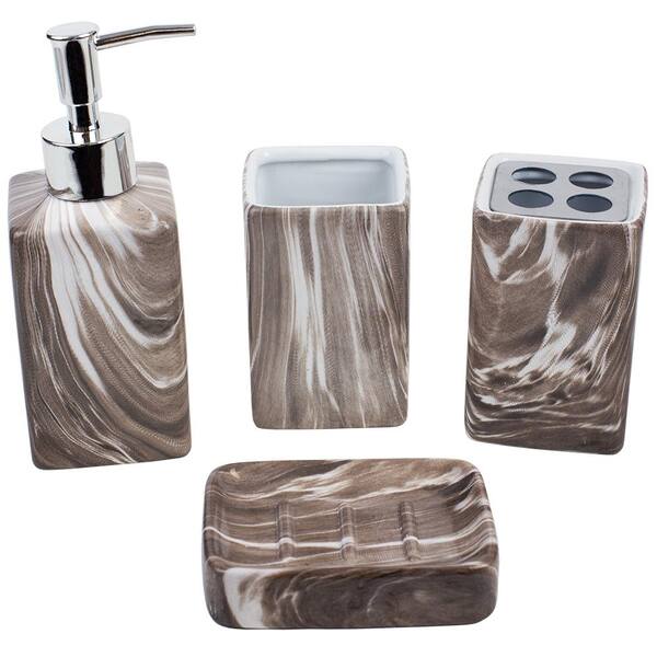 Home Basics Marble Ceramic 4-Piece Bath Accessory Set in Ebony