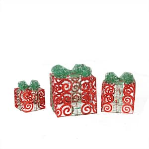 11.25 in. Christmas Outdoor Decorations Lighted Sparkling Red Swirl Glitter Gift Boxes (3-Pack)