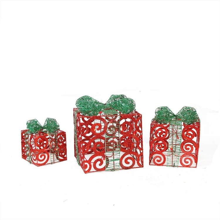 Northlight 11.25 in. Christmas Outdoor Decorations Lighted Sparkling Red Swirl Glitter Gift Boxes (3-Pack)