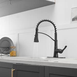 Single Handle 3 Spray High Arc Pull Down Sprayer Kitchen Faucet With Deck Plate in Matte Black