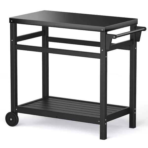 Huluwat Black Outdoor Movable Prep Grill Cart Table with Stainless