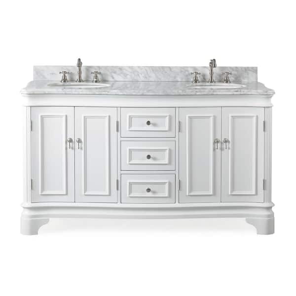Benton Collection White 60 in. W x 22 in. D x 35 in. H Bathroom Vanity in White Color with Carrara Top