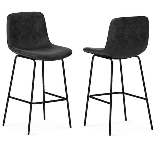 Simpli Home Jolie Contemporary 28 in. Bar Stool (Set of 2) in Distressed Charcoal Grey Vegan Faux Leather