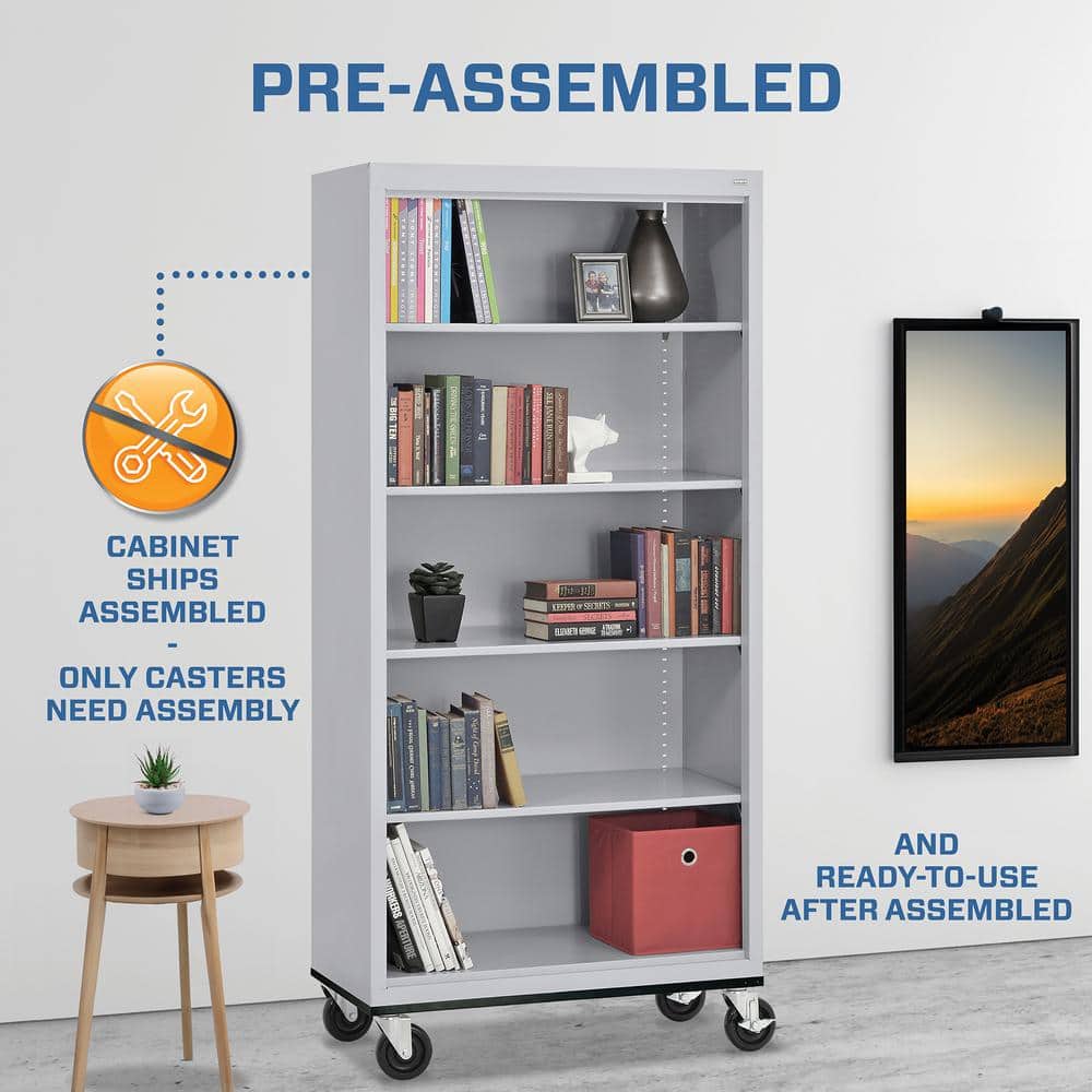 Dove Gray Adjustable Steel Mobile Bookcase with Shelves