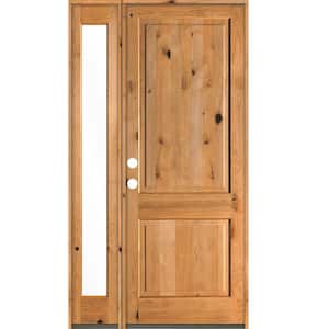 50 in. x 96 in. Rustic knotty alder Right-Hand/Inswing Clear Glass Clear Stain Wood Prehung Front Door w/Left Sidelite