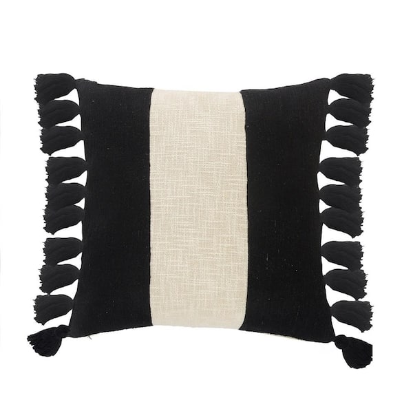 LR Home Trinity Black and Ivory Stripe Fringe Soft Poly-fill 20 in. x 20 in. Indoor Throw Pillow