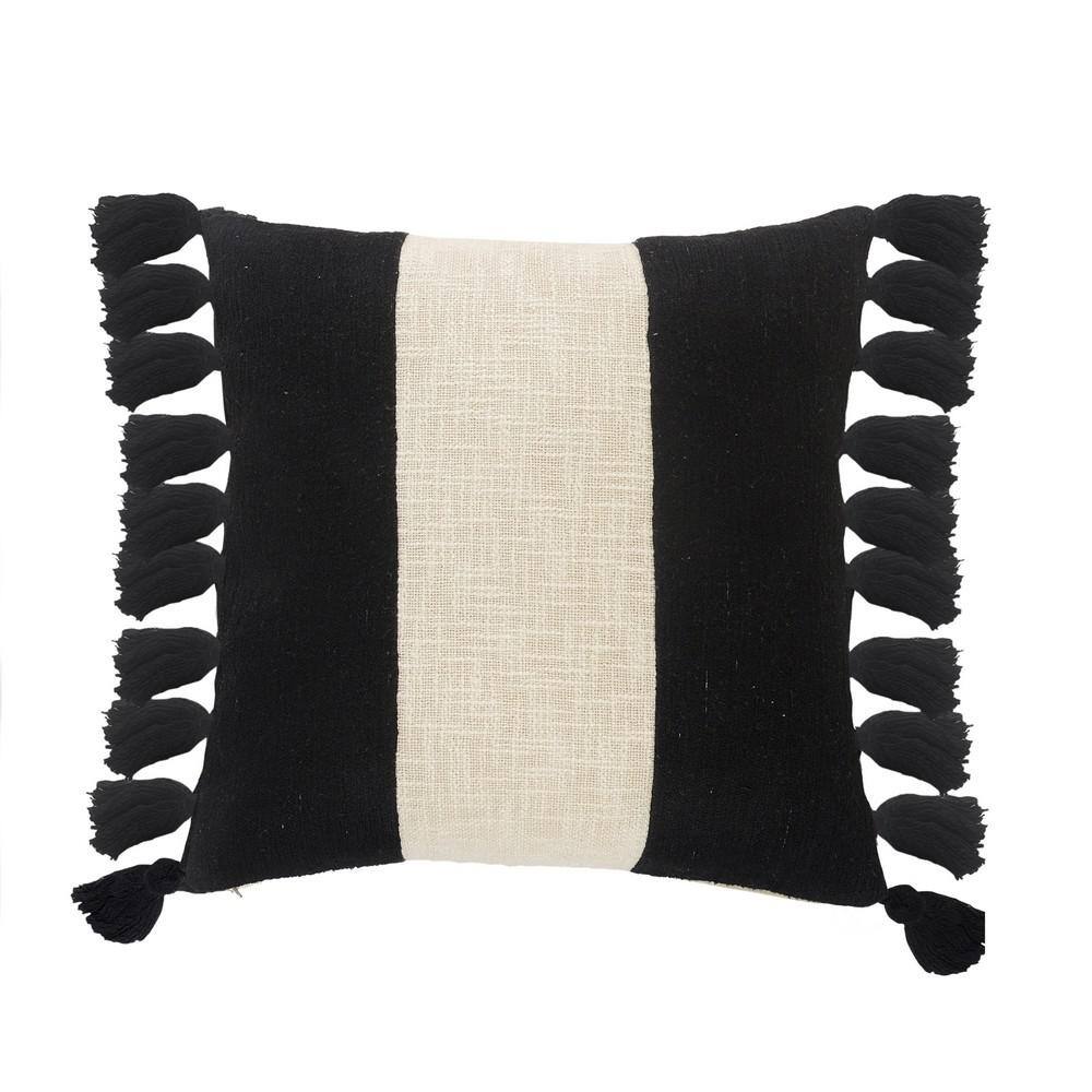 Trinity Black and Ivory Stripe Fringe Soft Poly-fill 20 in. x 20 in. Indoor
