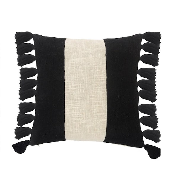 Unbranded Trinity Black and Ivory Stripe Fringe Soft Poly-fill 20 in. x 20 in. Indoor Throw Pillow