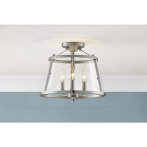 Lincoln 14 in. 3-Light Brushed Nickel Semi-Flush Mount Ceiling Light Fixture with Metal and Glass Shade