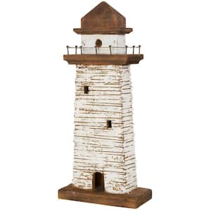 20 in. Cream Wood Distressed Light House Sculpture with Brown Accents