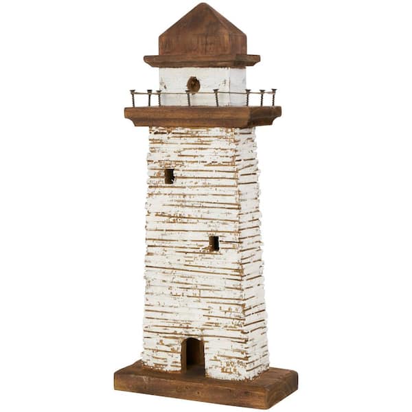 Litton Lane 20 in. Cream Wood Distressed Light House Sculpture with Brown Accents