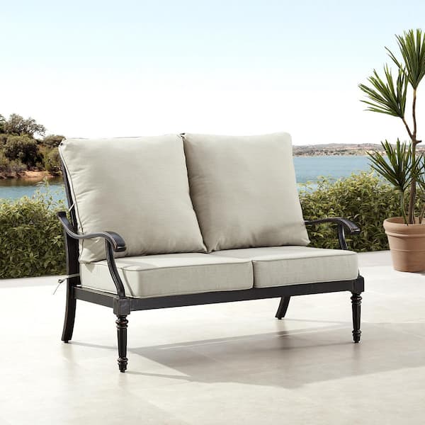 Black 1-Piece Aluminum Outdoor Loveseat with Light Grey Cushion