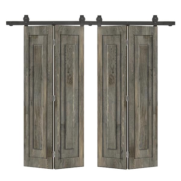 CALHOME 56 in. x 80 in. 1 Panel Shaker Hollow Core Weather Gray Pine Wood Double Bi-fold Door with Barn Door Hardware Kit
