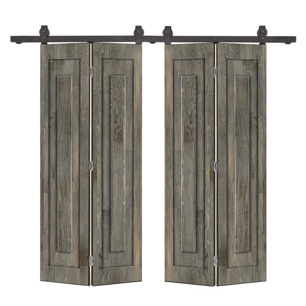 60 in. x 84 in. 1-Panel Shaker Hollow Core Weather Gray Pine Wood Double Bi-Fold Door with Barn Door Hardware Kit price history on PriceWatchPro