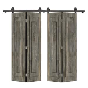 72 in. x 84 in. 1-Panel Shaker Hollow Core Weather Gray Pine Wood Double Bi-fold Door with Barn Door Hardware Kit