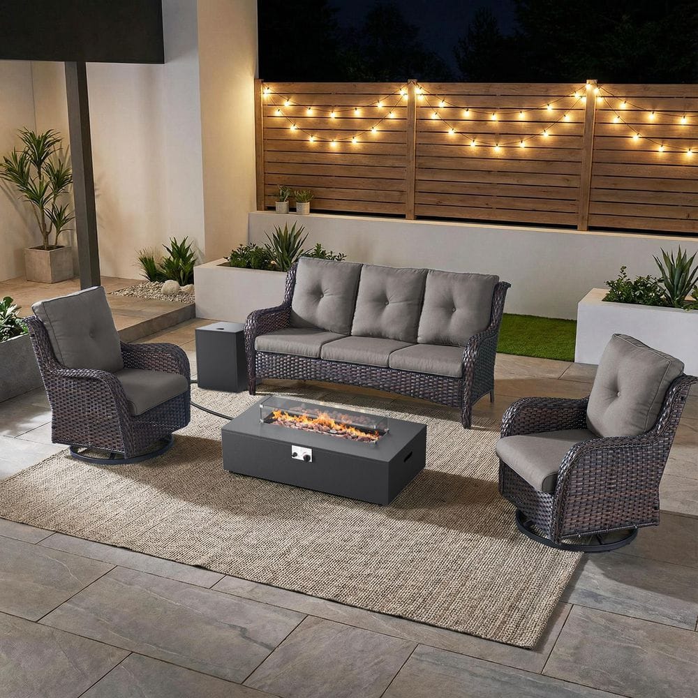 ArcLine 5-Piece Brown Wicker Fire Pit Conversation Set with Olefin Gray Cushions and Couch/ Patio Swivel Chairs price history on PriceWatchPro