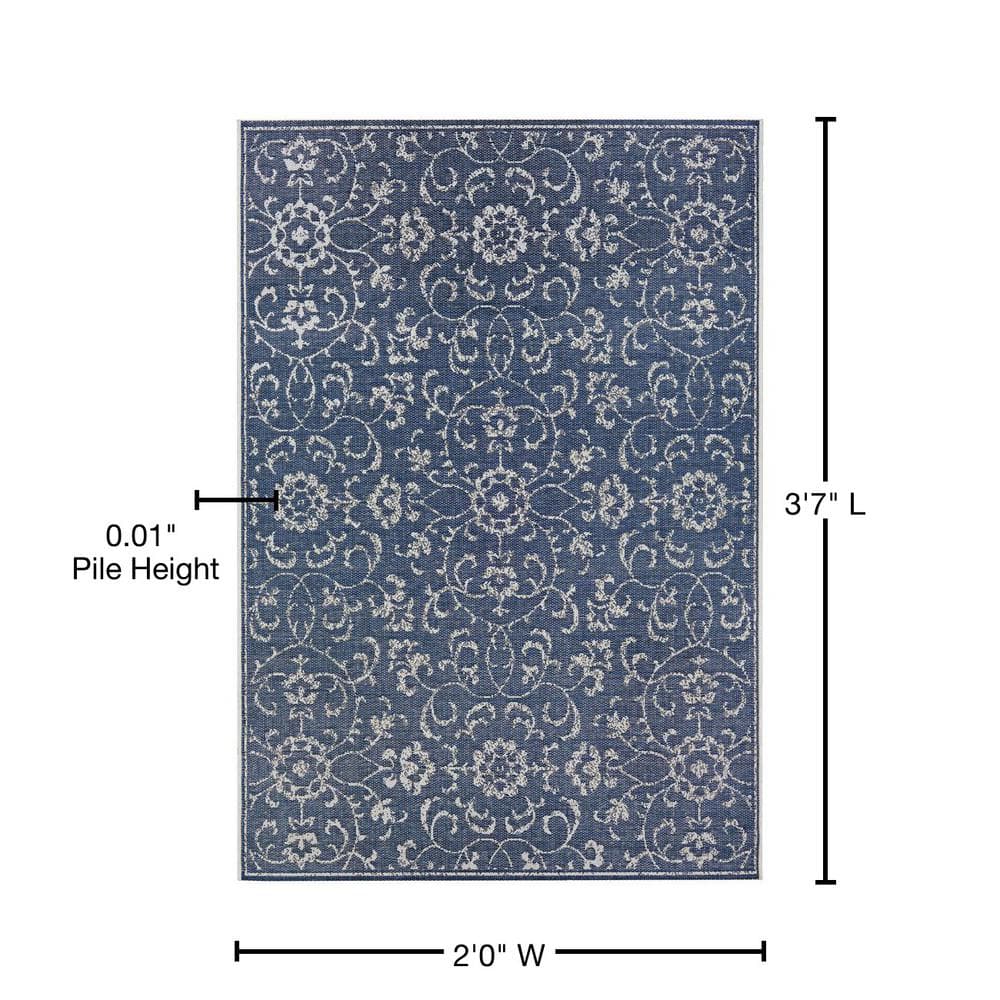 Navy and Ivory Floral Synthetic Rectangular Area Rug, 2' x 3'7"