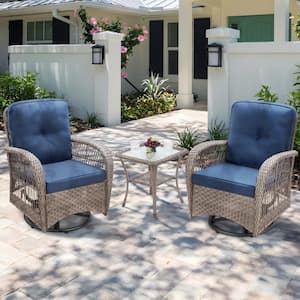 3-Piece Wicker Outdoor Rocking Chair Patio Conversation Set Swivel Chairs with Blue Cushions and Side Table