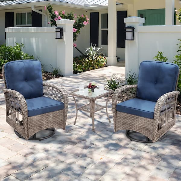 JOYSIDE 3-Piece Wicker Outdoor Rocking Chair Patio Conversation Set Swivel Chairs with Blue Cushions and Side Table