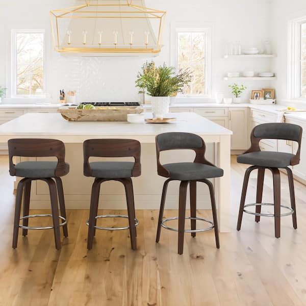 OrangeOne Edwards 26 in.Modern Gray Faux Leather Swivel Bar Stool with Solid Walnut Wood Frame Bentwood Counter Stool Set of 4