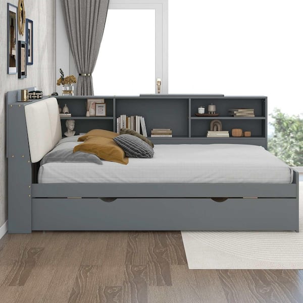 Gray Full Daybed with Trundle, Shelves and Storage Headboard