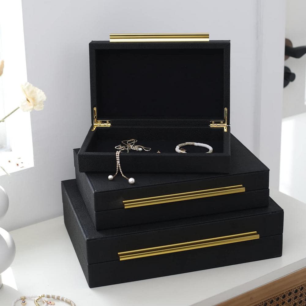Black Faux Leather Rectangular Decorative Storage Boxes with Gold Handles, Set of 3