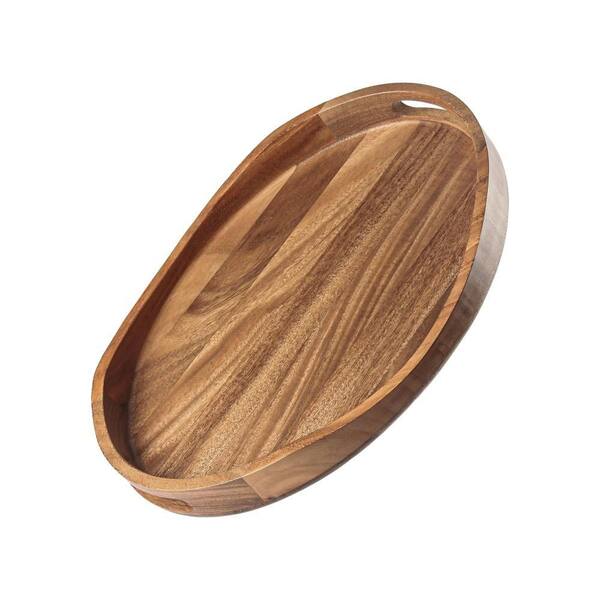 17 in. W x 13 in. D Round Acacia Wood Serving Tray with Handles for Living Room Decoration, Coffee Table, Candle Display