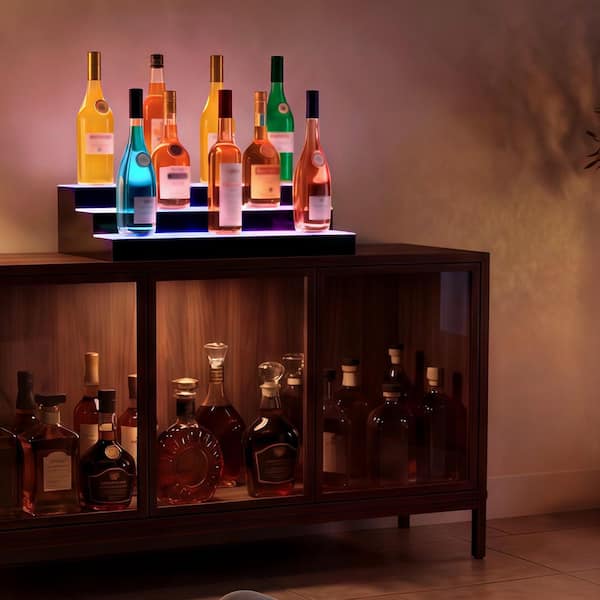 LED Lighted Liquor Bottle Display, 3-Tiers 24 x 12 x 6 in. Acrylic Bar Shelf with USB, RF Remote and App Control