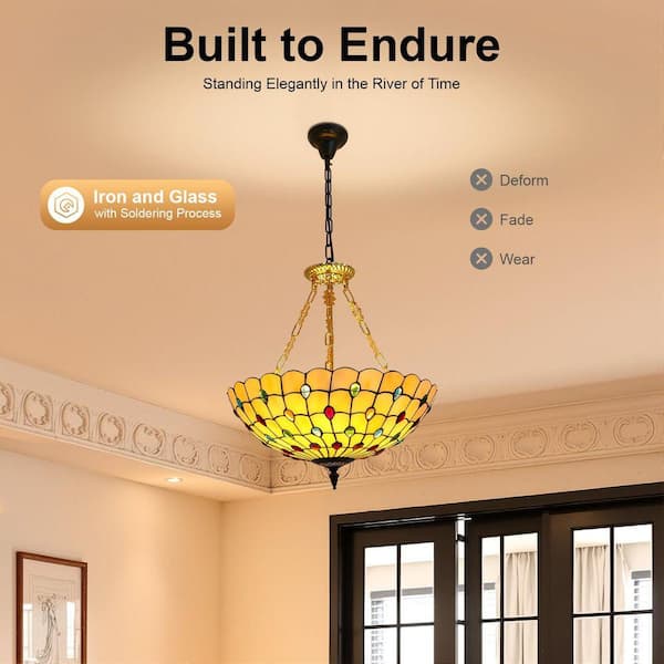 OUKANING 20.5 in. 5-Light Retro Stained Glass Shade Semi-Flush