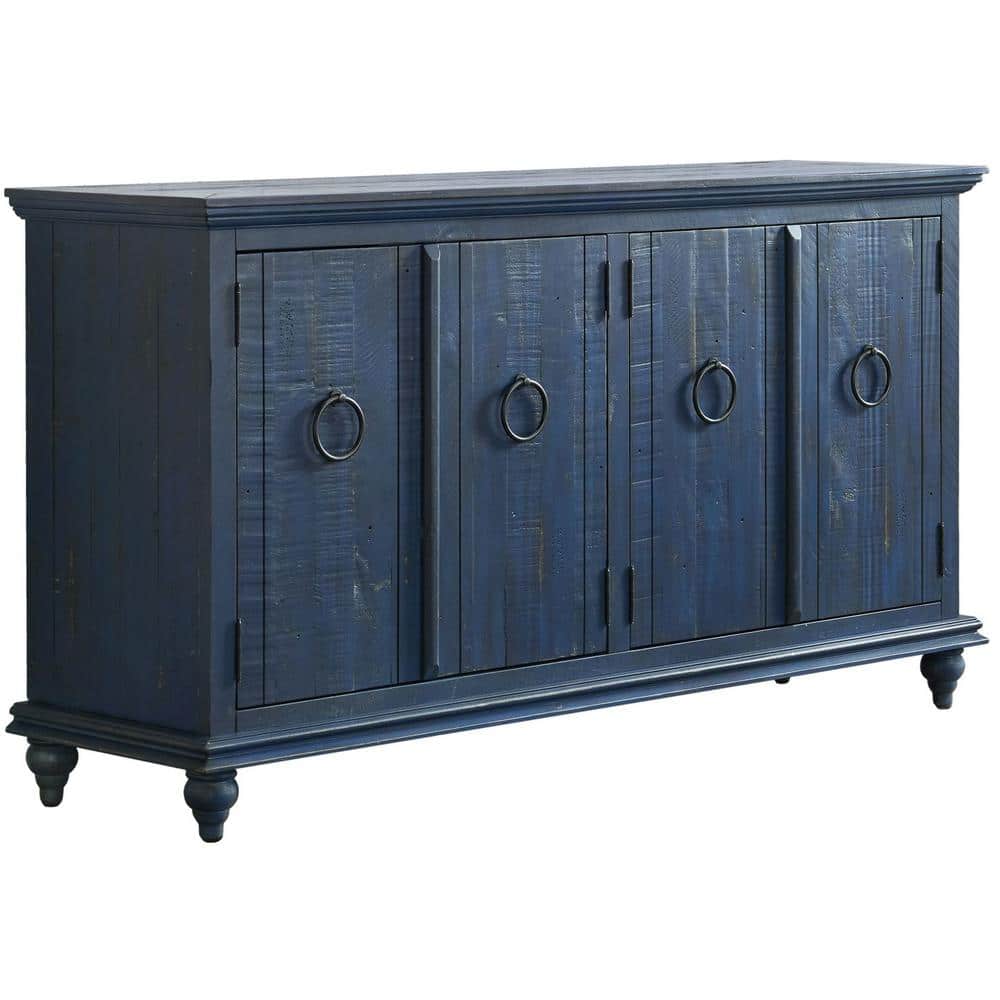 Rustic Blue 65" Solid Pine Wood TV Stand with Cabinet