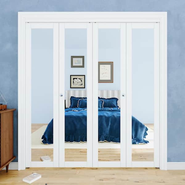 72 in. x 96 in. 1-Lite Mirrored Glass and Solid Core White Finished MDF Close Bi-fold Door with Hardware