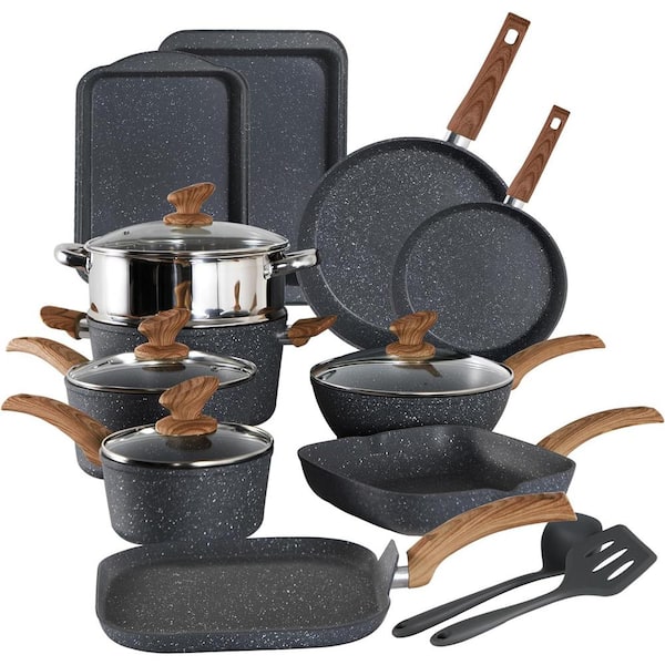 17-Piece Assorted Granite Non-stick Pots and Pans Cookware Set for Kitchen Cooking in Black