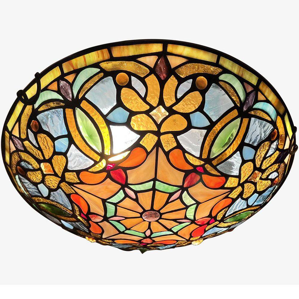 12 in. 2-Light Multi-colored Flush Mount Ceiling Light with Stained Glass Shade and White Finishing Fixture 1-Pack price history on PriceWatchPro