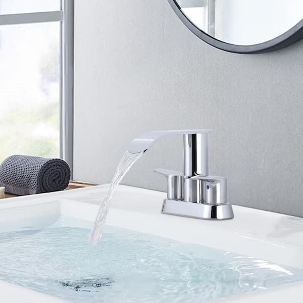 4 in. Centerset Double Handle Waterfall Bathroom Faucet with Drain Kit Included in Chrome