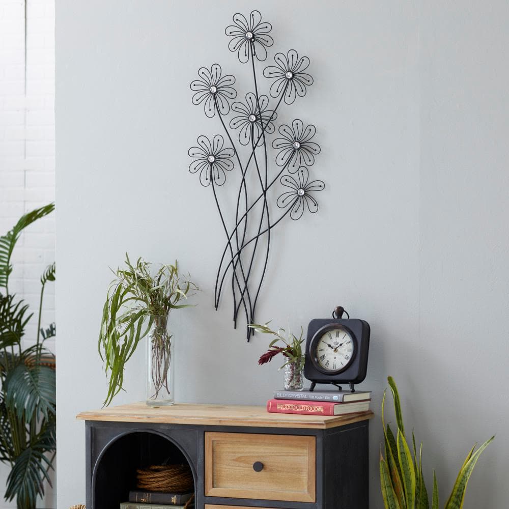 Black Metal 3D Wire Floral Wall Sculpture with Crystal Embellishments