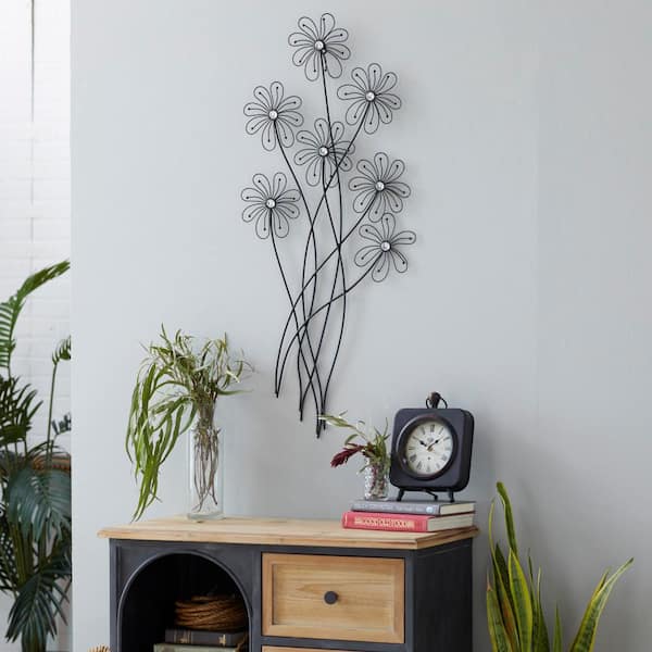 40 in. x  1 in. Metal Black 3D Wire Floral Wall Decor with Crystal Embellishments