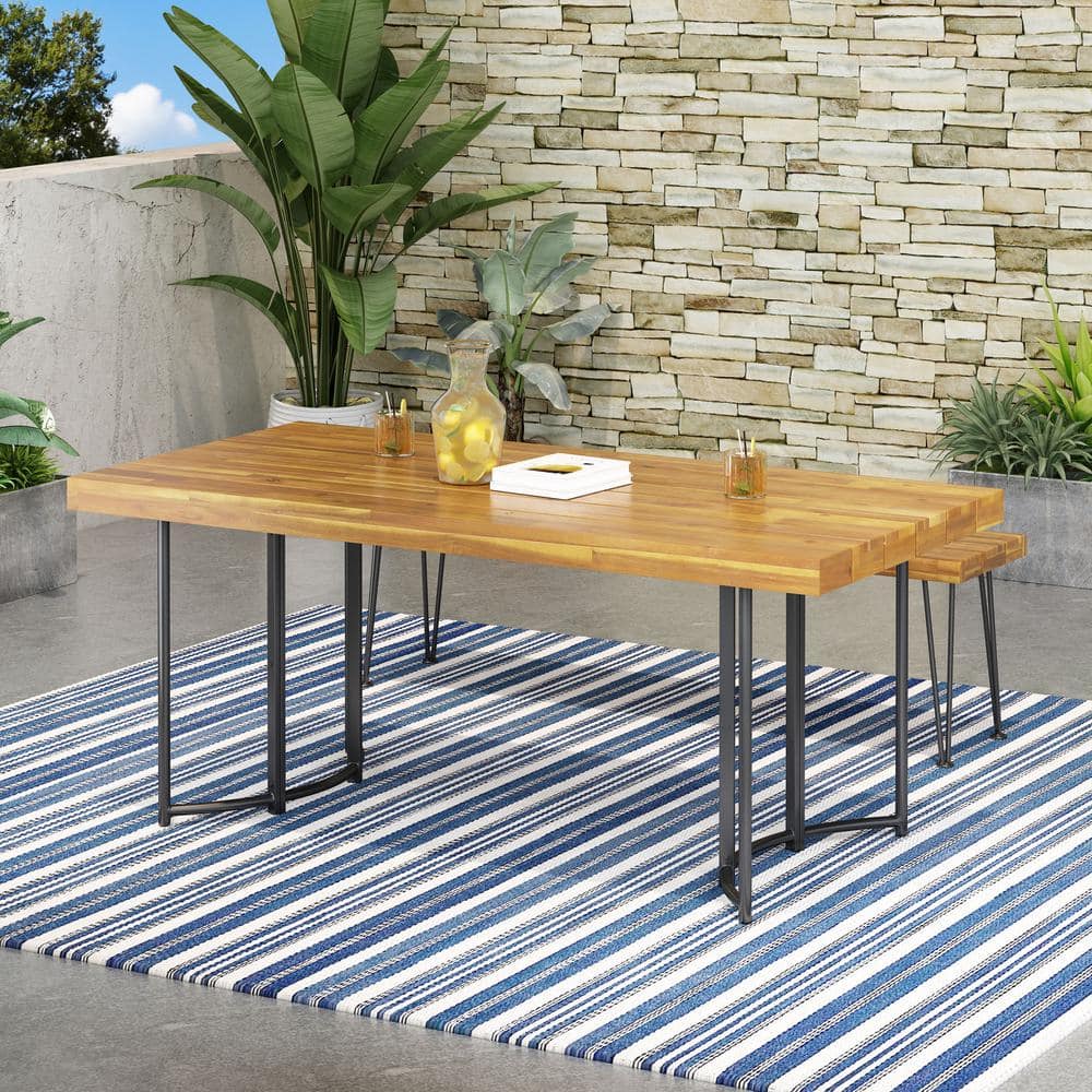 Elegant Teak and Black Acacia Wood 72" Outdoor Dining Table