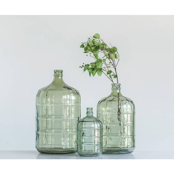 Storied Home Vintage Reproduction Glass Bottle with Embossed Windowpane Design in Green