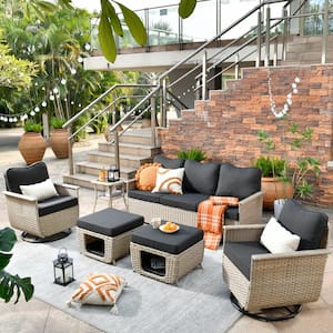 Aphrodite 6-Piece Wicker Patio Conversation Seating Sofa Set with Black Cushions and Swivel Rocking Chairs
