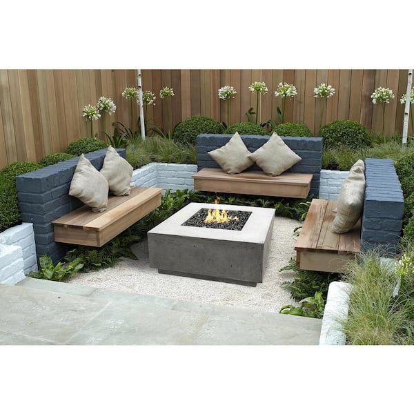 Santa Rosa 36 in. x 16 in. Square Concrete Liquid Propane Fire Pit in Pewter W/27 lbs. Bag of 0.75 in. Black Lava Rocks