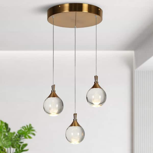 LNC Dsenlupor 3-Light Integrated LED Brass Cluster Chandelier with Inner Carved Crystal Balls for Foyer Entryway Kitchen