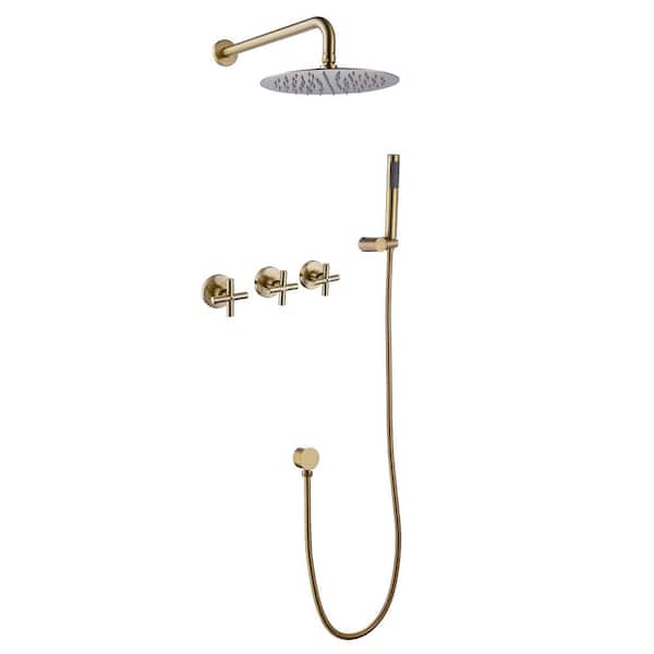 Dimakai 1-Spray Patterns with 2.5 GPM 10 in. Wall Mount Dual Shower Heads in Brushed Gold
